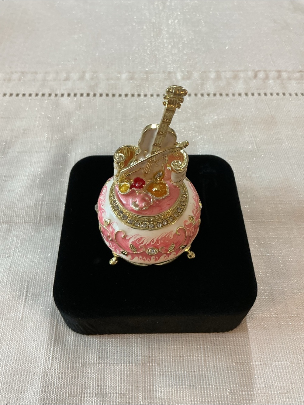 Pink Enamel & Rhinestone Violin Cello Gold Tone Vintage Style Mini Trinket Box